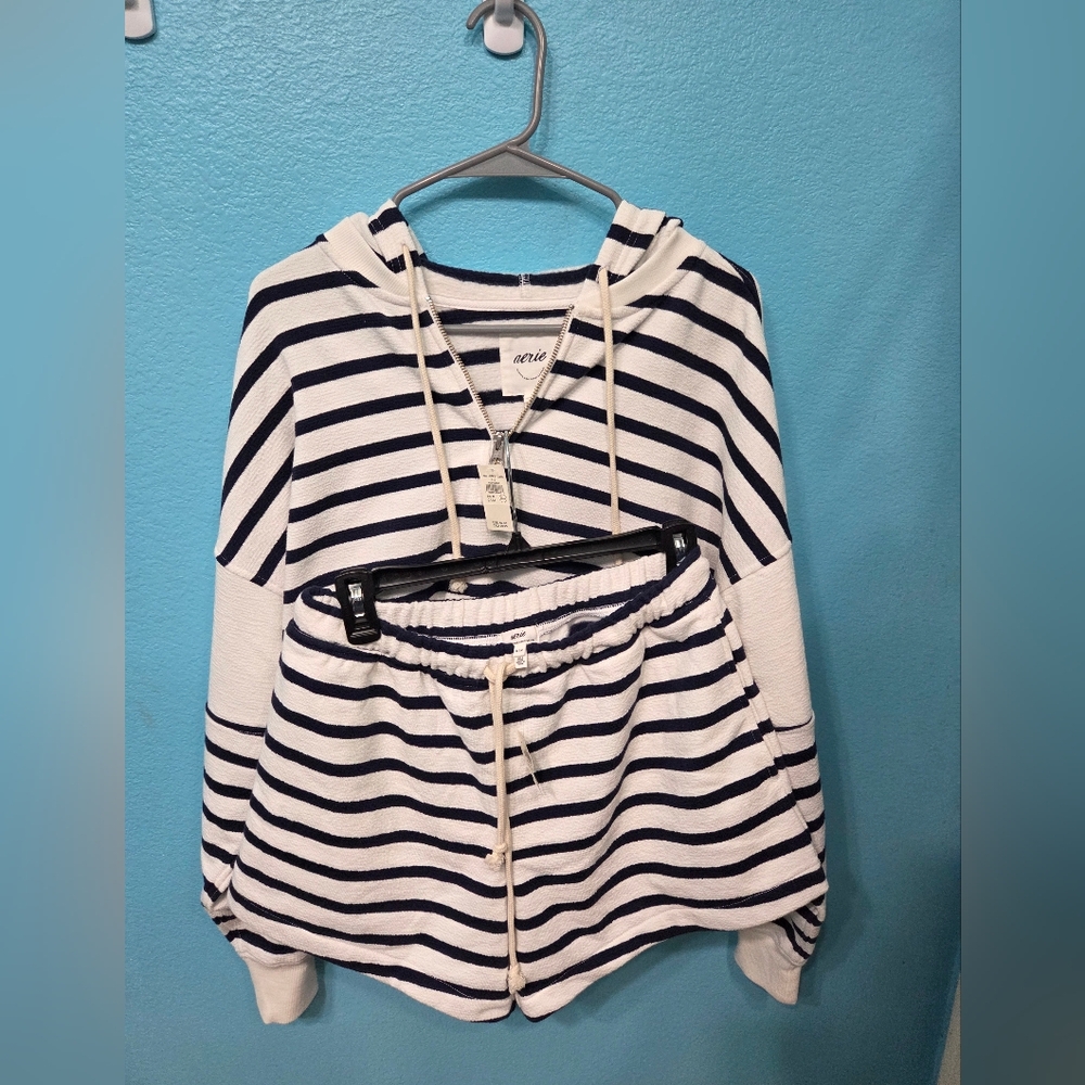 Aerie Navy and White Striped Zip-Up Cropped Hoodie With Matching Shorts